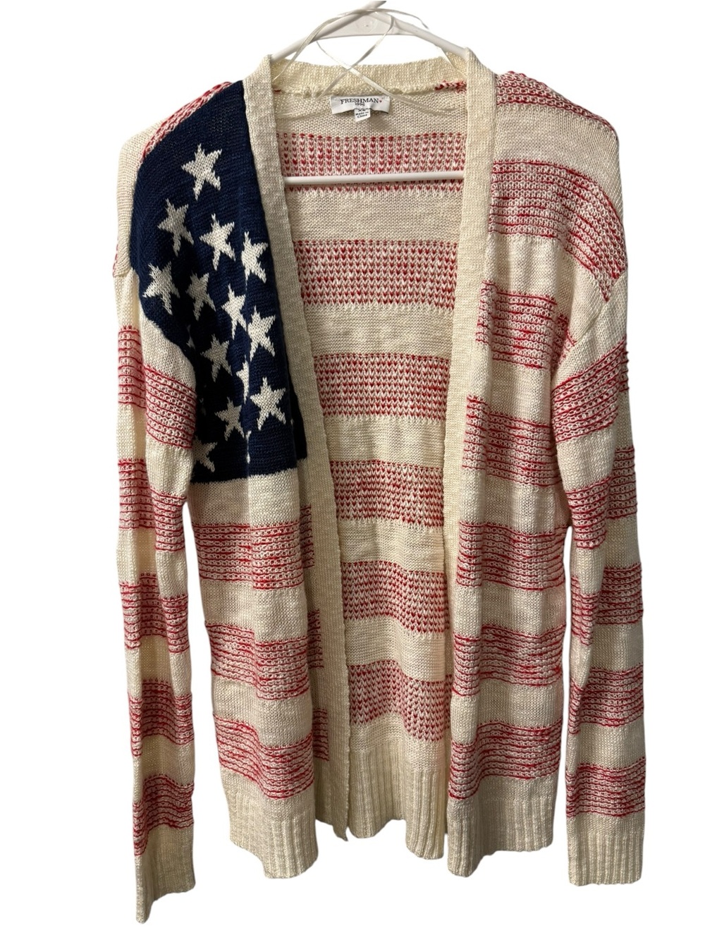 Women’s Freshman 1996 American Flag Open Cardigan - Cream Red Blue EUC Size XS